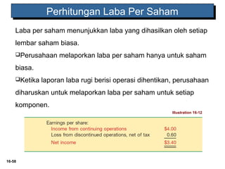 Laba per saham menunjukkan laba yang dihasilkan oleh setiap 
lembar saham biasa. 
Perusahaan melaporkan laba per saham hanya untuk saham 
biasa. 
Ketika laporan laba rugi berisi operasi dihentikan, perusahaan 
diharuskan untuk melaporkan laba per saham untuk setiap 
komponen. 
16-58 
PPeerrhhiittuunnggaann LLaabbaa PPeerr SSaahhaamm 
Illustration 16-12 
 