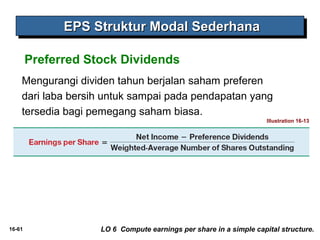 EEEEPPPPSSSS SSSSttttrrrruuuukkkkttttuuuurrrr MMMMooooddddaaaallll SSSSeeeeddddeeeerrrrhhhhaaaannnnaaaa 
Preferred Stock Dividends 
Mengurangi dividen tahun berjalan saham preferen 
dari laba bersih untuk sampai pada pendapatan yang 
tersedia bagi pemegang saham biasa. 
Illustration 16-13 
16-61 LO 6 Compute earnings per share in a simple capital structure. 
 