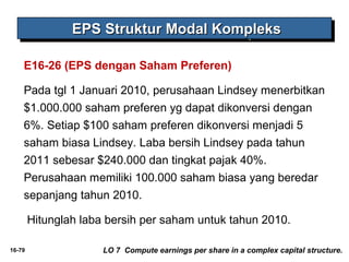 EEEEPPPPSSSS SSSSttttrrrruuuukkkkttttuuuurrrr MMMMooooddddaaaallll KKKKoooommmmpppplllleeeekkkkssss 
E16-26 (EPS dengan Saham Preferen) 
Pada tgl 1 Januari 2010, perusahaan Lindsey menerbitkan 
$1.000.000 saham preferen yg dapat dikonversi dengan 
6%. Setiap $100 saham preferen dikonversi menjadi 5 
saham biasa Lindsey. Laba bersih Lindsey pada tahun 
2011 sebesar $240.000 dan tingkat pajak 40%. 
Perusahaan memiliki 100.000 saham biasa yang beredar 
sepanjang tahun 2010. 
Hitunglah laba bersih per saham untuk tahun 2010. 
16-79 LO 7 Compute earnings per share in a complex capital structure. 
 