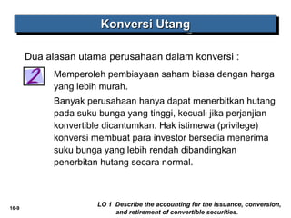 16-9 
KKKKoooonnnnvvvveeeerrrrssssiiii UUUUttttaaaannnngggg 
Dua alasan utama perusahaan dalam konversi : 
Memperoleh pembiayaan saham biasa dengan harga 
yang lebih murah. 
Banyak perusahaan hanya dapat menerbitkan hutang 
pada suku bunga yang tinggi, kecuali jika perjanjian 
konvertible dicantumkan. Hak istimewa (privilege) 
konversi membuat para investor bersedia menerima 
suku bunga yang lebih rendah dibandingkan 
penerbitan hutang secara normal. 
LO 1 Describe the accounting for the issuance, conversion, 
and retirement of convertible securities. 
 