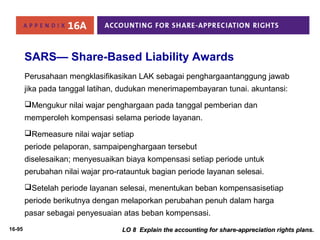 16-95 
SARS— Share-Based Liability Awards 
Perusahaan mengklasifikasikan LAK sebagai penghargaantanggung jawab 
jika pada tanggal latihan, dudukan menerimapembayaran tunai. akuntansi: 
Mengukur nilai wajar penghargaan pada tanggal pemberian dan 
memperoleh kompensasi selama periode layanan. 
Remeasure nilai wajar setiap 
periode pelaporan, sampaipenghargaan tersebut 
diselesaikan; menyesuaikan biaya kompensasi setiap periode untuk 
perubahan nilai wajar pro-ratauntuk bagian periode layanan selesai. 
Setelah periode layanan selesai, menentukan beban kompensasisetiap 
periode berikutnya dengan melaporkan perubahan penuh dalam harga 
pasar sebagai penyesuaian atas beban kompensasi. 
LO 8 Explain the accounting for share-aapppprreecciiaattiioonn rriigghhttss ppllaannss.. 
 