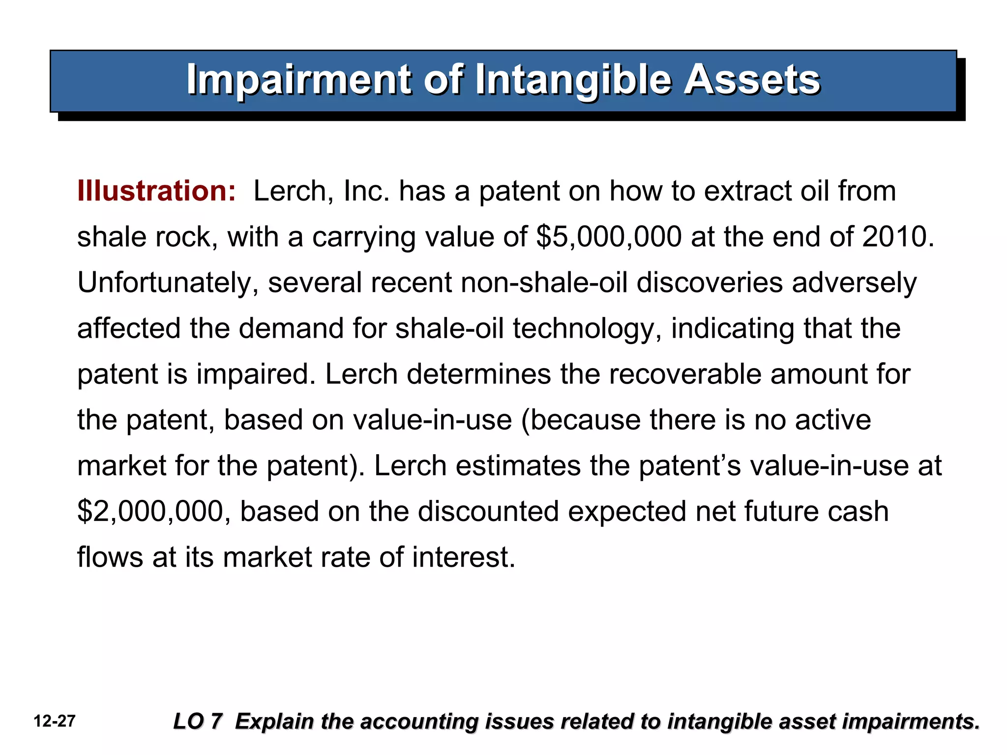 Impairment of Intangible Assets Illustration:   Lerch, Inc. has a patent on how to extract oil from shale rock, with a carrying value of $5,000,000 at the end of 2010. Unfortunately, several recent non-shale-oil discoveries adversely affected the demand for shale-oil technology, indicating that the patent is impaired. Lerch determines the recoverable amount for the patent, based on value-in-use (because there is no active market for the patent). Lerch estimates the patent’s value-in-use at $2,000,000, based on the discounted expected net future cash flows at its market rate of interest. LO 7  Explain the accounting issues related to intangible asset impairments. 