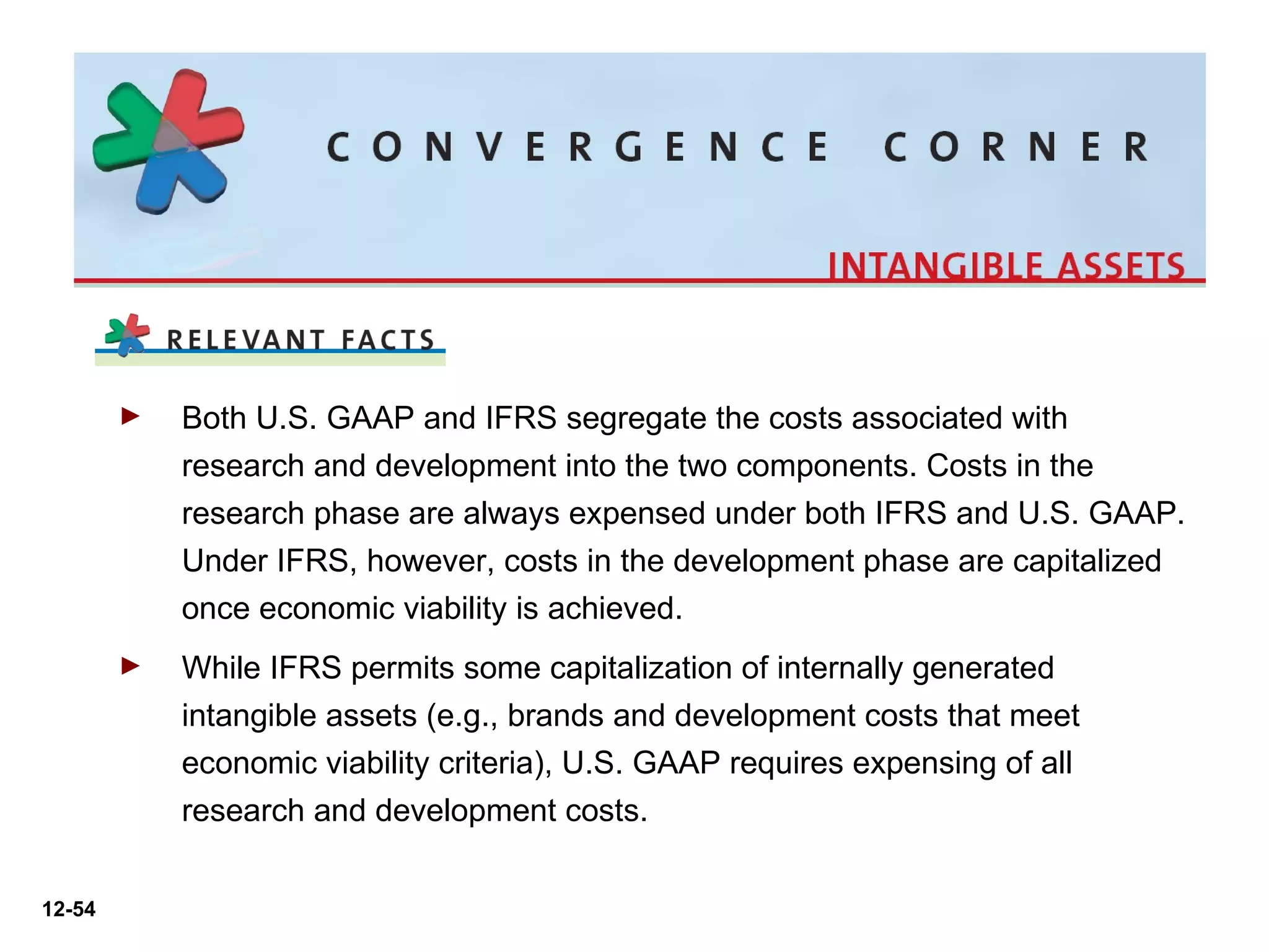 Both U.S. GAAP and IFRS segregate the costs associated with research and development into the two components. Costs in the research phase are always expensed under both IFRS and U.S. GAAP. Under IFRS, however, costs in the development phase are capitalized once economic viability is achieved.  While IFRS permits some capitalization of internally generated intangible assets (e.g., brands and development costs that meet economic viability criteria), U.S. GAAP requires expensing of all research and development costs. 