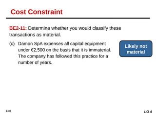 2-46
BE2-11: Determine whether you would classify these
transactions as material.
(c) Damon SpA expenses all capital equipment
under €2,500 on the basis that it is immaterial.
The company has followed this practice for a
number of years.
Likely not
material
LO 4
Cost Constraint
 
