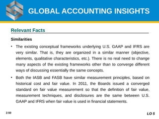 2-50
Relevant Facts
Similarities
• The existing conceptual frameworks underlying U.S. GAAP and IFRS are
very similar. That is, they are organized in a similar manner (objective,
elements, qualitative characteristics, etc.). There is no real need to change
many aspects of the existing frameworks other than to converge different
ways of discussing essentially the same concepts.
• Both the IASB and FASB have similar measurement principles, based on
historical cost and fair value. In 2011, the Boards issued a converged
standard on fair value measurement so that the definition of fair value,
measurement techniques, and disclosures are the same between U.S.
GAAP and IFRS when fair value is used in financial statements.
GLOBAL ACCOUNTING INSIGHTS
LO 5
 