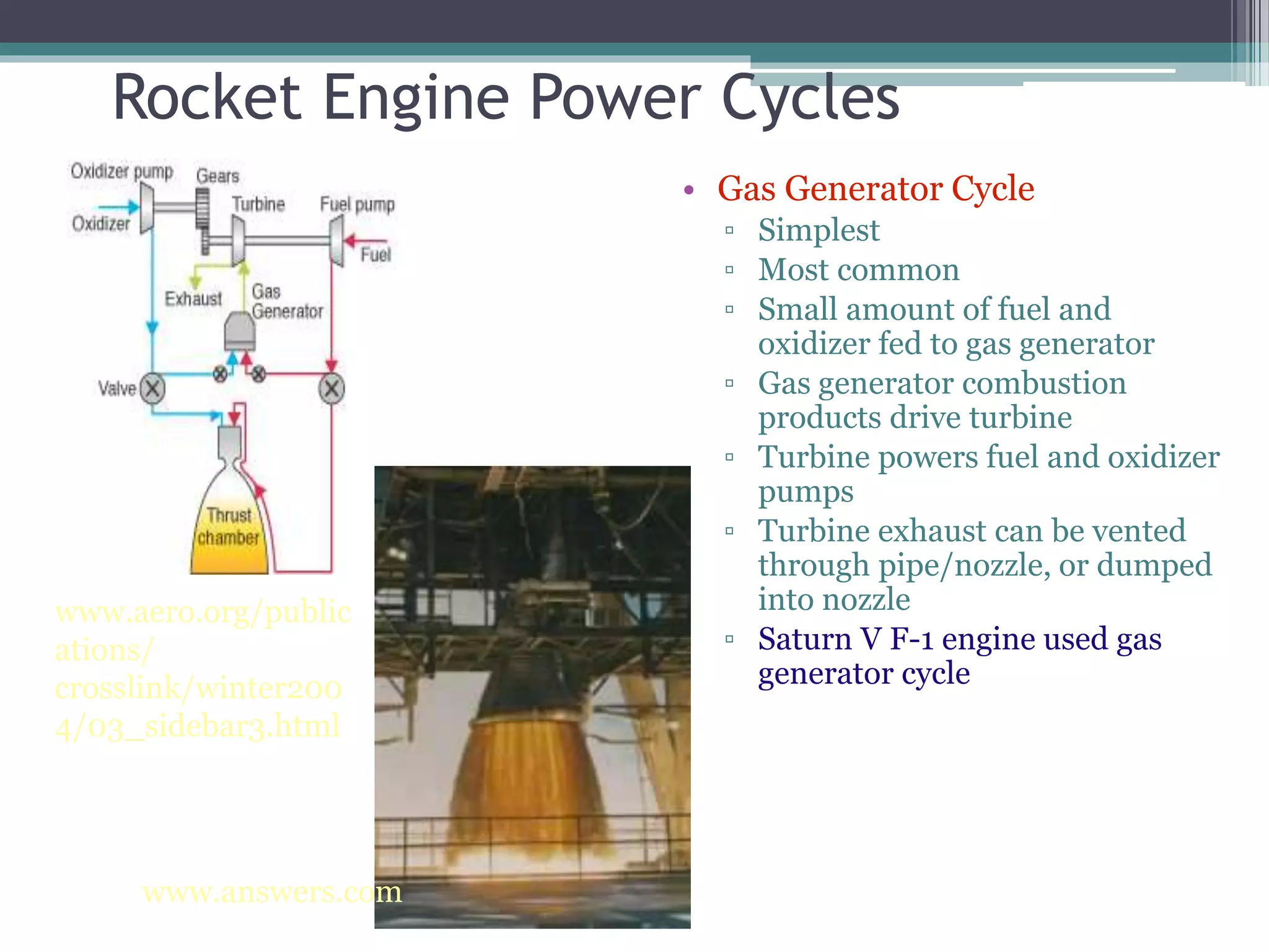 Rocket Engine Power Cycles
• Gas Generator Cycle
▫ Simplest
▫ Most common
▫ Small amount of fuel and
oxidizer fed to gas generator
▫ Gas generator combustion
products drive turbine
▫ Turbine powers fuel and oxidizer
pumps
▫ Turbine exhaust can be vented
through pipe/nozzle, or dumped
into nozzle
▫ Saturn V F-1 engine used gas
generator cycle
www.aero.org/public
ations/
crosslink/winter200
4/03_sidebar3.html
www.answers.com
 