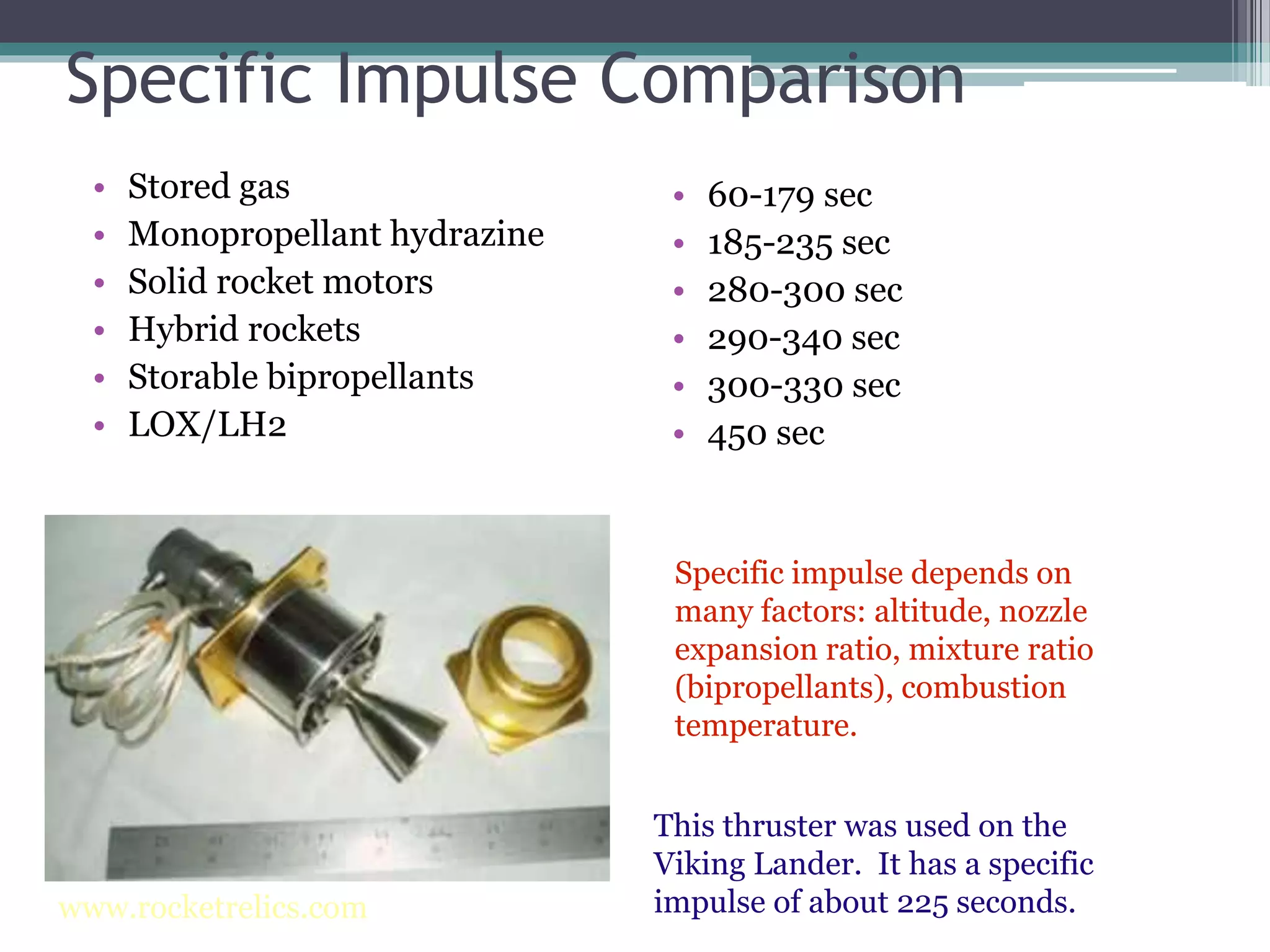 Specific Impulse Comparison
• Stored gas
• Monopropellant hydrazine
• Solid rocket motors
• Hybrid rockets
• Storable bipropellants
• LOX/LH2
• 60-179 sec
• 185-235 sec
• 280-300 sec
• 290-340 sec
• 300-330 sec
• 450 sec
Specific impulse depends on
many factors: altitude, nozzle
expansion ratio, mixture ratio
(bipropellants), combustion
temperature.
This thruster was used on the
Viking Lander. It has a specific
impulse of about 225 seconds.www.rocketrelics.com
 