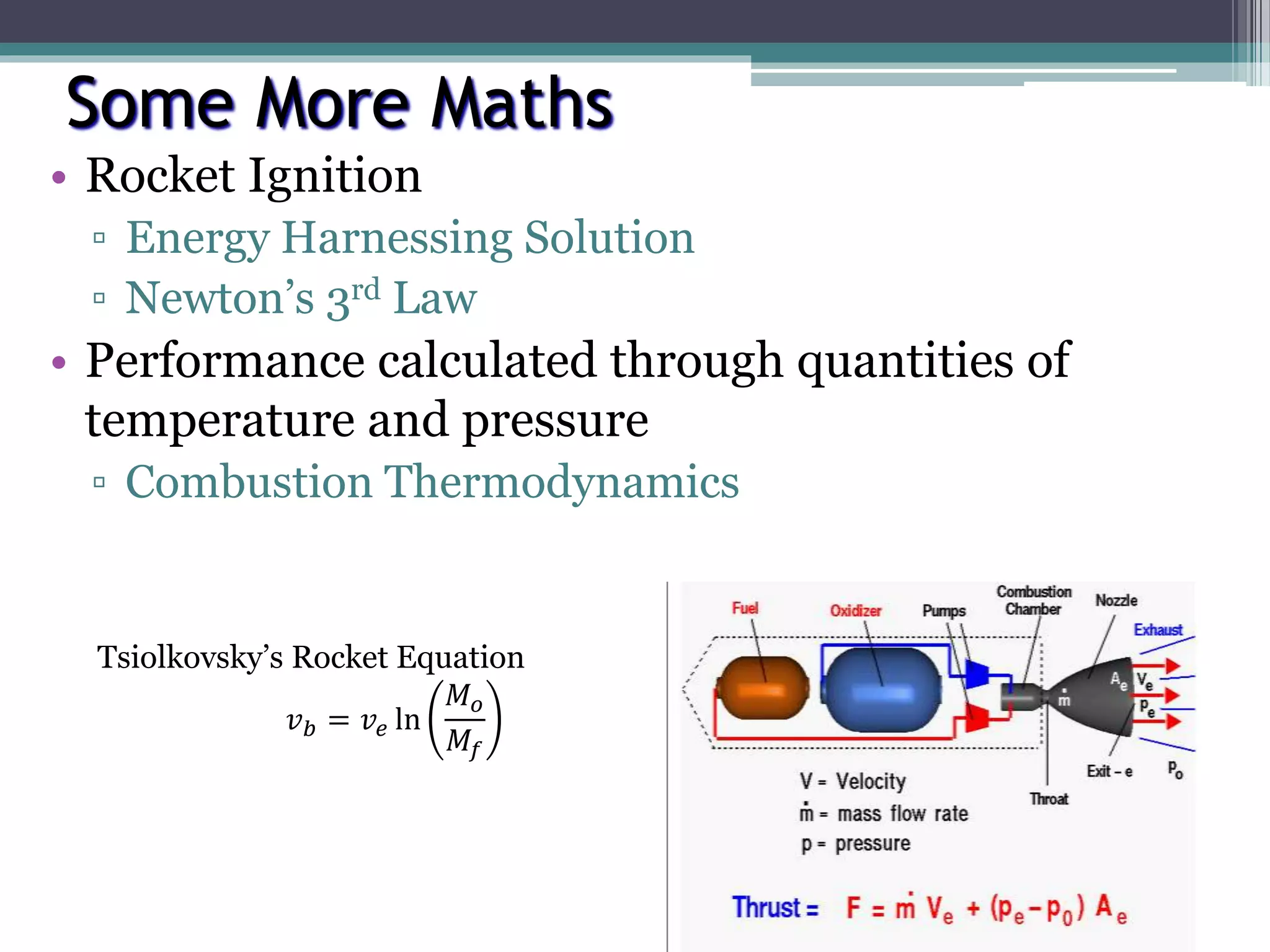 Some More Maths
• Rocket Ignition
▫ Energy Harnessing Solution
▫ Newton’s 3rd Law
• Performance calculated through quantities of
temperature and pressure
▫ Combustion Thermodynamics
Tsiolkovsky’s Rocket Equation
𝑣 𝑏 = 𝑣𝑒 ln
𝑀 𝑜
𝑀𝑓
 