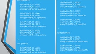 void goAhead(){
digitalWrite(IN_11, HIGH);
digitalWrite(IN_12, LOW);
analogWrite(ENA_m1, speedCar);
digitalWrite(IN_13, LOW);
digitalWrite(IN_14, HIGH);
analogWrite(ENB_m1, speedCar);
digitalWrite(IN_21, LOW);
digitalWrite(IN_22, HIGH);
analogWrite(ENA_m2, speedCar);
digitalWrite(IN_23, HIGH);
digitalWrite(IN_24, LOW);
analogWrite(ENB_m2, speedCar);
}
void goBack(){
digitalWrite(IN_11, LOW);
digitalWrite(IN_12, HIGH);
analogWrite(ENA_m1, speedCar);
digitalWrite(IN_13, HIGH);
digitalWrite(IN_14, LOW);
analogWrite(ENB_m1, speedCar);
digitalWrite(IN_21, HIGH);
digitalWrite(IN_22, LOW);
analogWrite(ENA_m2, speedCar);
digitalWrite(IN_23, LOW);
digitalWrite(IN_24, HIGH);
analogWrite(ENB_m2, speedCar);
}
void goBackM(){
digitalWrite(IN_11, LOW);
digitalWrite(IN_12, HIGH);
analogWrite(ENA_m1, speedCarM);
digitalWrite(IN_13, HIGH);
digitalWrite(IN_14, LOW);
analogWrite(ENB_m1, speedCarM);
 
