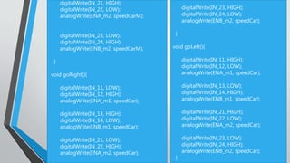 digitalWrite(IN_21, HIGH);
digitalWrite(IN_22, LOW);
analogWrite(ENA_m2, speedCarM);
digitalWrite(IN_23, LOW);
digitalWrite(IN_24, HIGH);
analogWrite(ENB_m2, speedCarM);
}
void goRight(){
digitalWrite(IN_11, LOW);
digitalWrite(IN_12, HIGH);
analogWrite(ENA_m1, speedCar);
digitalWrite(IN_13, HIGH);
digitalWrite(IN_14, LOW);
analogWrite(ENB_m1, speedCar);
digitalWrite(IN_21, LOW);
digitalWrite(IN_22, HIGH);
analogWrite(ENA_m2, speedCar);
digitalWrite(IN_23, HIGH);
digitalWrite(IN_24, LOW);
analogWrite(ENB_m2, speedCar);
}
void goLeft(){
digitalWrite(IN_11, HIGH);
digitalWrite(IN_12, LOW);
analogWrite(ENA_m1, speedCar);
digitalWrite(IN_13, LOW);
digitalWrite(IN_14, HIGH);
analogWrite(ENB_m1, speedCar);
digitalWrite(IN_21, HIGH);
digitalWrite(IN_22, LOW);
analogWrite(ENA_m2, speedCar);
digitalWrite(IN_23, LOW);
digitalWrite(IN_24, HIGH);
analogWrite(ENB_m2, speedCar);
}
 