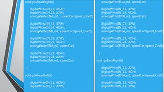 void goAheadRight(){
digitalWrite(IN_11, HIGH);
digitalWrite(IN_12, LOW);
analogWrite(ENA_m1, speedCar/speed_Coeff);
digitalWrite(IN_13, LOW);
digitalWrite(IN_14, HIGH);
analogWrite(ENB_m1, speedCar/speed_Coeff);
digitalWrite(IN_21, LOW);
digitalWrite(IN_22, HIGH);
analogWrite(ENA_m2, speedCar);
digitalWrite(IN_23, HIGH);
digitalWrite(IN_24, LOW);
analogWrite(ENB_m2, speedCar);
}
void goAheadLeft(){
digitalWrite(IN_11, HIGH);
digitalWrite(IN_12, LOW);
analogWrite(ENA_m1, speedCar);
digitalWrite(IN_13, LOW);
digitalWrite(IN_14, HIGH);
analogWrite(ENB_m1, speedCar);
digitalWrite(IN_21, LOW);
digitalWrite(IN_22, HIGH);
analogWrite(ENA_m2, speedCar/speed_Coeff);
digitalWrite(IN_23, HIGH);
digitalWrite(IN_24, LOW);
analogWrite(ENB_m2, speedCar/speed_Coeff);
}
void goBackRight(){
digitalWrite(IN_11, LOW);
digitalWrite(IN_12, HIGH);
analogWrite(ENA_m1, speedCar/speed_Coeff);
digitalWrite(IN_13, HIGH);
digitalWrite(IN_14, LOW);
 