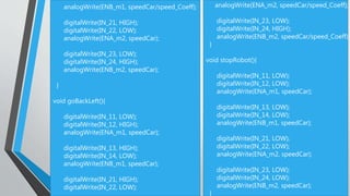 analogWrite(ENB_m1, speedCar/speed_Coeff);
digitalWrite(IN_21, HIGH);
digitalWrite(IN_22, LOW);
analogWrite(ENA_m2, speedCar);
digitalWrite(IN_23, LOW);
digitalWrite(IN_24, HIGH);
analogWrite(ENB_m2, speedCar);
}
void goBackLeft(){
digitalWrite(IN_11, LOW);
digitalWrite(IN_12, HIGH);
analogWrite(ENA_m1, speedCar);
digitalWrite(IN_13, HIGH);
digitalWrite(IN_14, LOW);
analogWrite(ENB_m1, speedCar);
digitalWrite(IN_21, HIGH);
digitalWrite(IN_22, LOW);
analogWrite(ENA_m2, speedCar/speed_Coeff);
digitalWrite(IN_23, LOW);
digitalWrite(IN_24, HIGH);
analogWrite(ENB_m2, speedCar/speed_Coeff);
}
void stopRobot(){
digitalWrite(IN_11, LOW);
digitalWrite(IN_12, LOW);
analogWrite(ENA_m1, speedCar);
digitalWrite(IN_13, LOW);
digitalWrite(IN_14, LOW);
analogWrite(ENB_m1, speedCar);
digitalWrite(IN_21, LOW);
digitalWrite(IN_22, LOW);
analogWrite(ENA_m2, speedCar);
digitalWrite(IN_23, LOW);
digitalWrite(IN_24, LOW);
analogWrite(ENB_m2, speedCar);
}
 