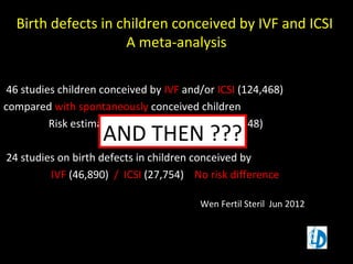 Birth defects in children conceived by IVF and ICSI
A meta-analysis
46 studies children conceived by IVF and/or ICSI (124,468)
compared with spontaneously conceived children
Risk estimation OR = 1.37 (95% CI: 1.26-1.48)
24 studies on birth defects in children conceived by
IVF (46,890) / ICSI (27,754) No risk difference
Wen Fertil Steril Jun 2012
AND THEN ???
 