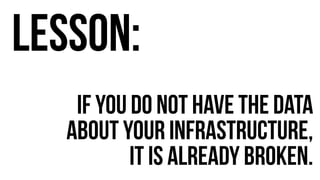 LEsson: 
If you do not have the data 
about your infrastructure, 
it is already broken. 
 