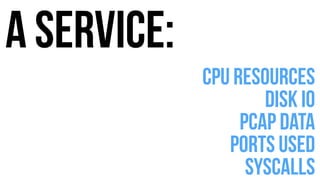 A service: 
cpu resources 
disk io 
PCAP data 
ports Used 
syscalls 
 