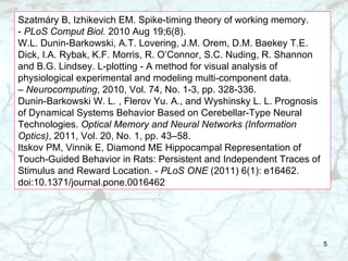 Szatmáry B, Izhikevich EM. Spike-timing theory of working memory. -  PLoS Comput Biol.  2010 Aug 19;6(8). W.L. Dunin-Barkowski, A.T. Lovering, J.M. Orem, D.M. Baekey T.E. Dick, I.A. Rybak, K.F. Morris, R. O’Connor, S.C. Nuding, R. Shannon and B.G. Lindsey. L-plotting - A method for visual analysis of physiological experimental and modeling multi-component data. –  Neurocomputing , 2010, Vol. 74, No. 1-3, pp. 328-336. Dunin-Barkowski W. L. , Flerov Yu. A., and Wyshinsky L. L. Prognosis of Dynamical Systems Behavior Based on Cerebellar-Type Neural Technologies.  Optical Memory and Neural Networks (Information Optics) , 2011, Vol. 20, No. 1, pp. 43–58. Itskov PM, Vinnik E, Diamond ME Hippocampal Representation of Touch-Guided Behavior in Rats: Persistent and Independent Traces of Stimulus and Reward Location. -  PLoS ONE  (2011) 6(1): e16462. doi:10.1371/journal.pone.0016462 