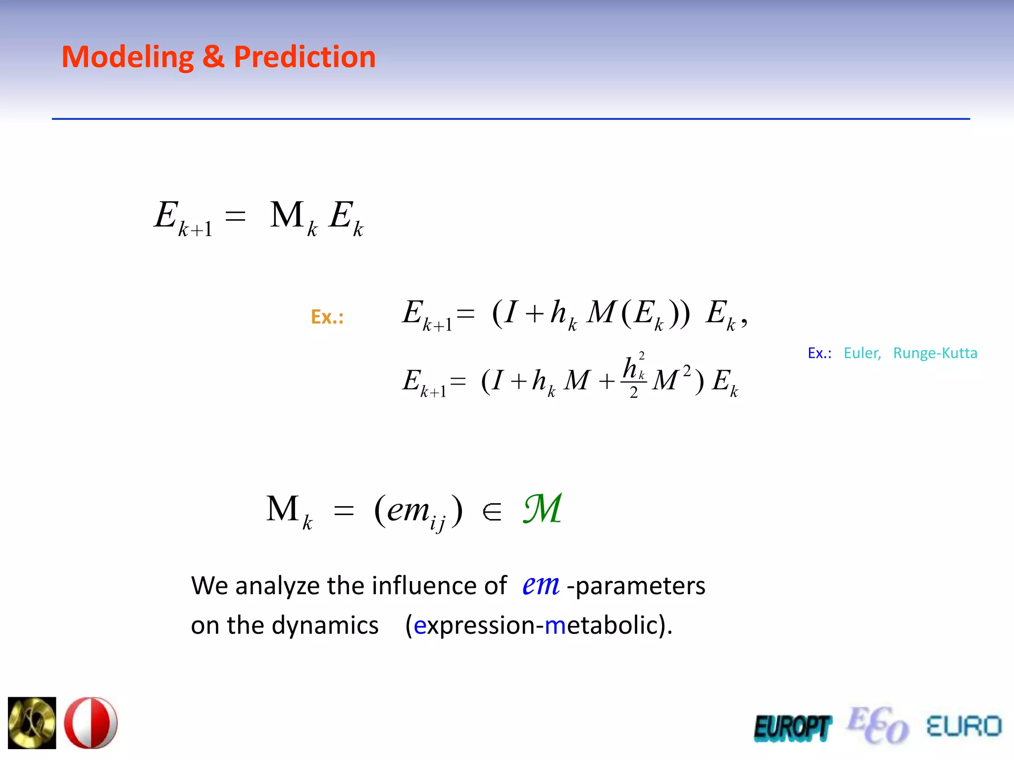 Modeling & PredictionEx.:Ex.:   Euler,   Runge-KuttaMWe analyze the influence of em-parameters  on the dynamics    (expression-metabolic).