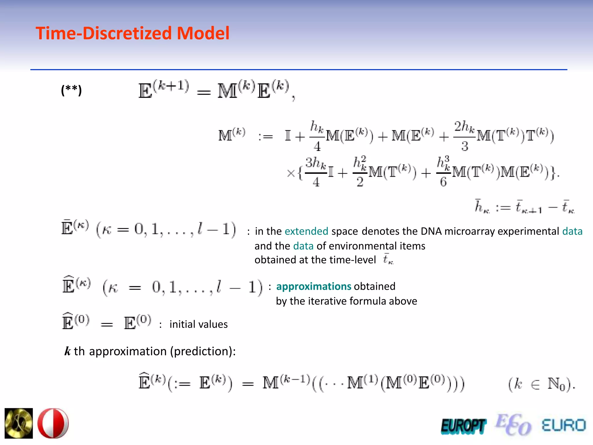 Time-Discretized Model  (**):  in the extended spacedenotes the DNA microarray experimental dataand the data of environmental items    obtained at the time-level:  approximationsobtained   by the iterative formula above:   initial valueskthapproximation (prediction):