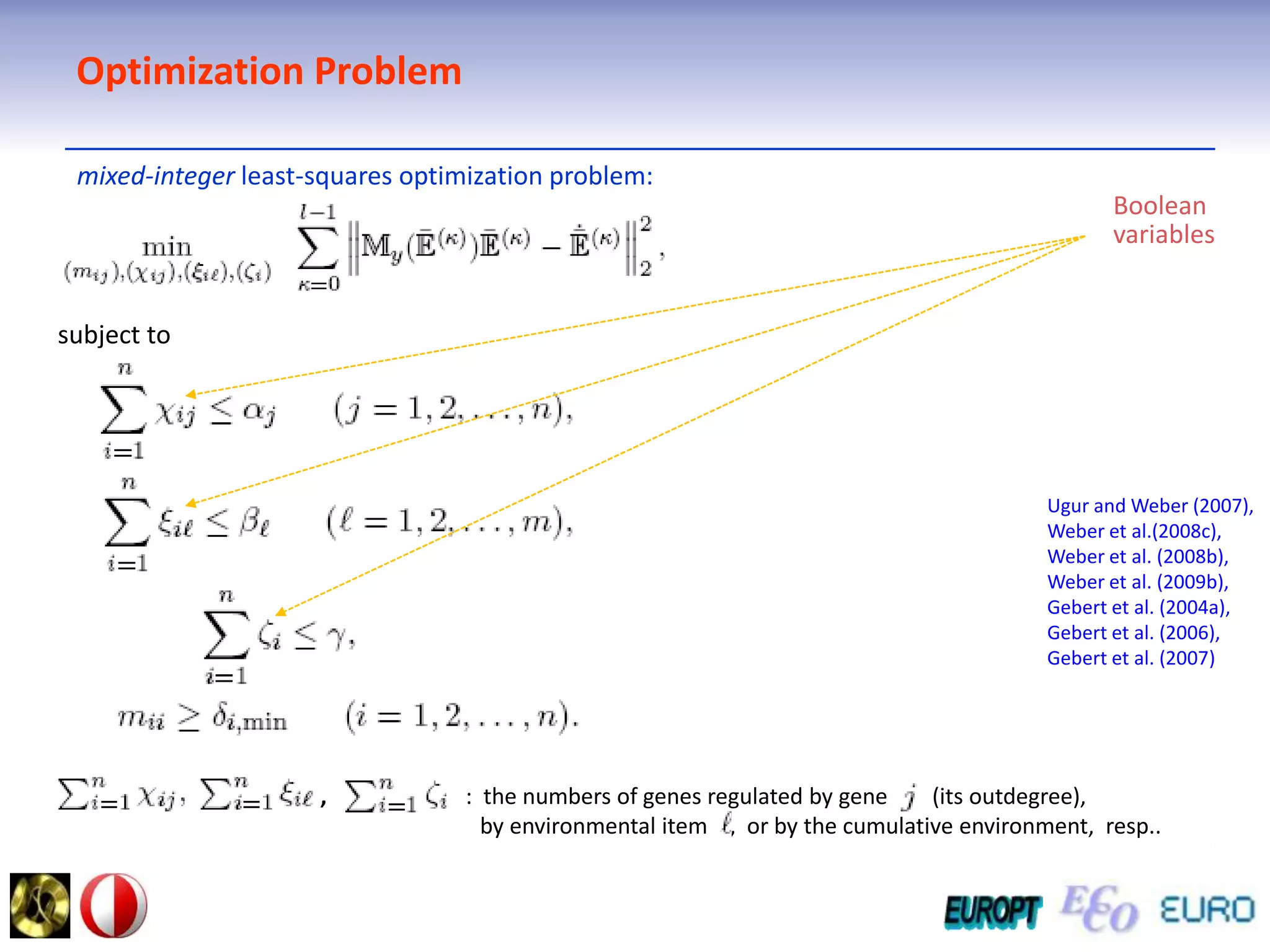 Optimization Problemmixed-integer least-squares optimization problem:Boolean variablessubject toUgur and Weber (2007),Weber et al.(2008c),Weber et al. (2008b),Weber et al. (2009b), Gebert et al. (2004a), Gebert et al. (2006), Gebert et al. (2007),   , : th              :  the numbers of genes regulated by gene        (its outdegree),                                                     by environmental item    ,  or by the cumulative environment,  resp..