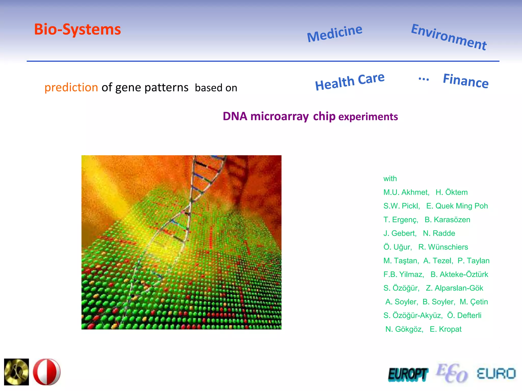 Bio-Systems  MedicineEnvironment...    Finance Health Careprediction of gene patterns  based onDNA microarraychip experimentswithM.U. Akhmet,   H. Öktem  S.W. Pickl,   E. Quek Ming PohT. Ergenç,   B. Karasözen    J. Gebert,   N. Radde   Ö. Uğur,   R. WünschiersM. Taştan,  A. Tezel,  P. Taylan                                    F.B. Yilmaz,   B. Akteke-ÖztürkS. Özöğür,   Z. Alparslan-Gök   A. Soyler,  B. Soyler,  M. ÇetinS. Özöğür-Akyüz,  Ö. Defterli N. Gökgöz,   E. Kropat