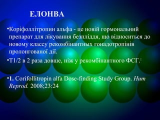 ЕЛОНВА
•Коріфоллітропин альфа - це новій гормональний
препарат для лікування безпліддя, що відноситься до
новому классу рекомбінантных гонадотропінів
пролонгованої дії.
•Т1/2 в 2 раза довше, ніж у рекомбінантного ФСГ.1
•1. Corifollitropin alfa Dose-finding Study Group. Hum
Reprod. 2008;23:24
 