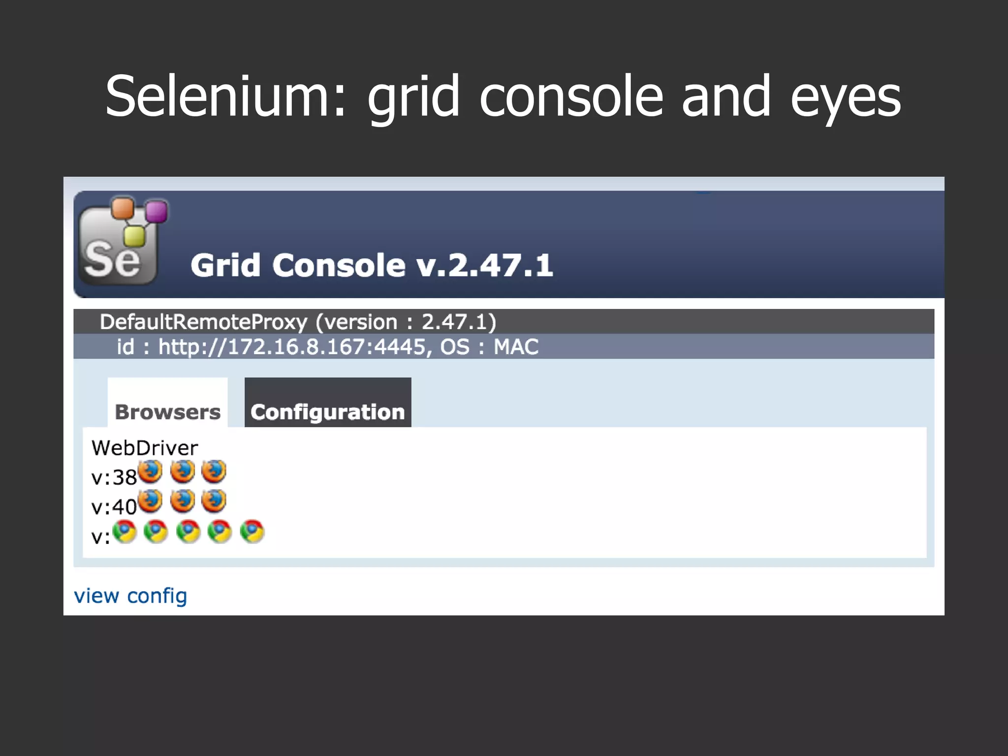 Selenium: grid console and eyes
 