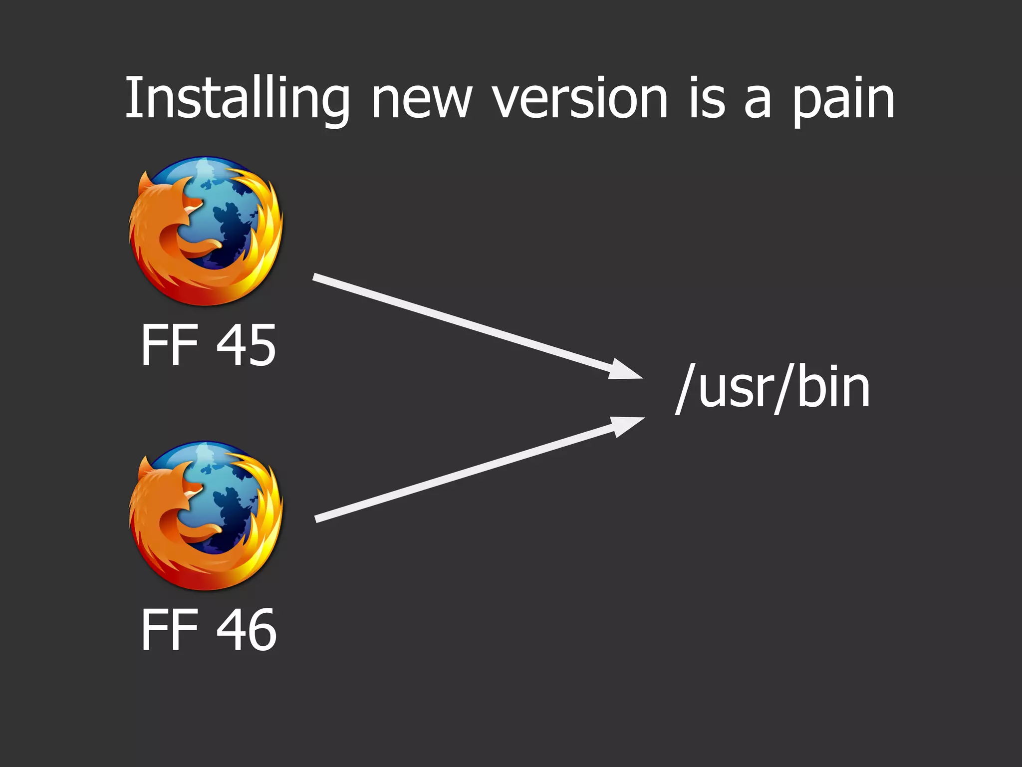 Installing new version is a pain
/usr/bin
FF 45
FF 46
 
