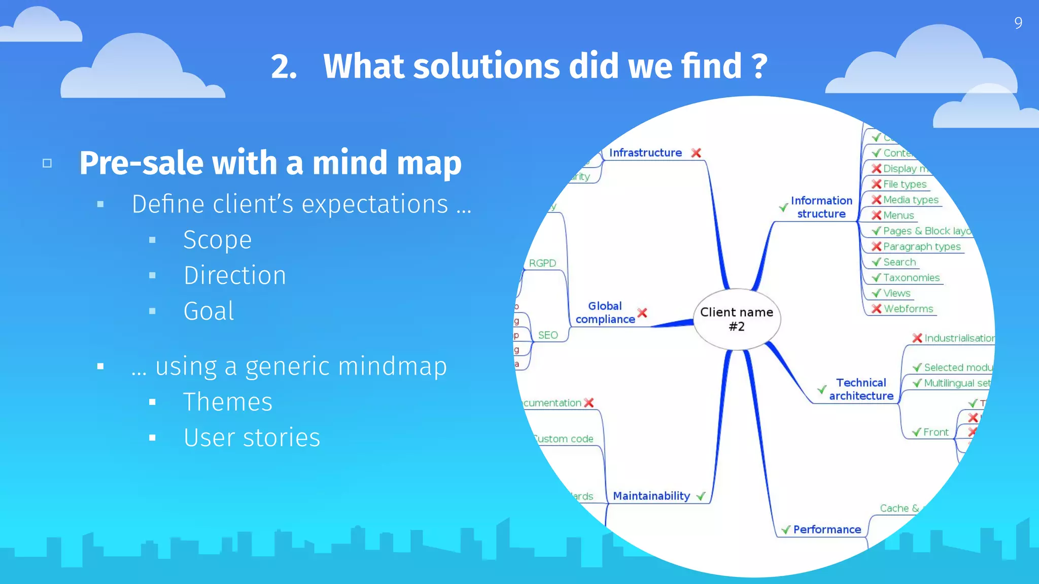 2. What solutions did we ﬁnd ?
▫ Pre-sale with a mind map
▪ Deﬁne client’s expectations ...
▪ Scope
▪ Direction
▪ Goal
▪ … using a generic mindmap
▪ Themes
▪ User stories
9
 