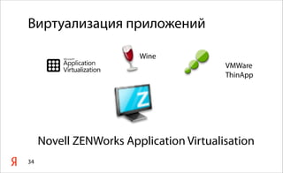 34
Wine
VMWare
ThinApp
Novell ZENWorks Application Virtualisation
Виртуализация приложений
 