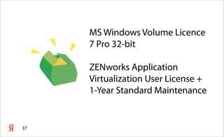 MS Windows Volume Licence
7 Pro 32-bit
ZENworks Application
Virtualization User License +
1-Year Standard Maintenance
37
 