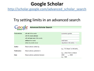 Google Scholar http://scholar.google.com/advanced_scholar_search Try setting limits in an advanced search 