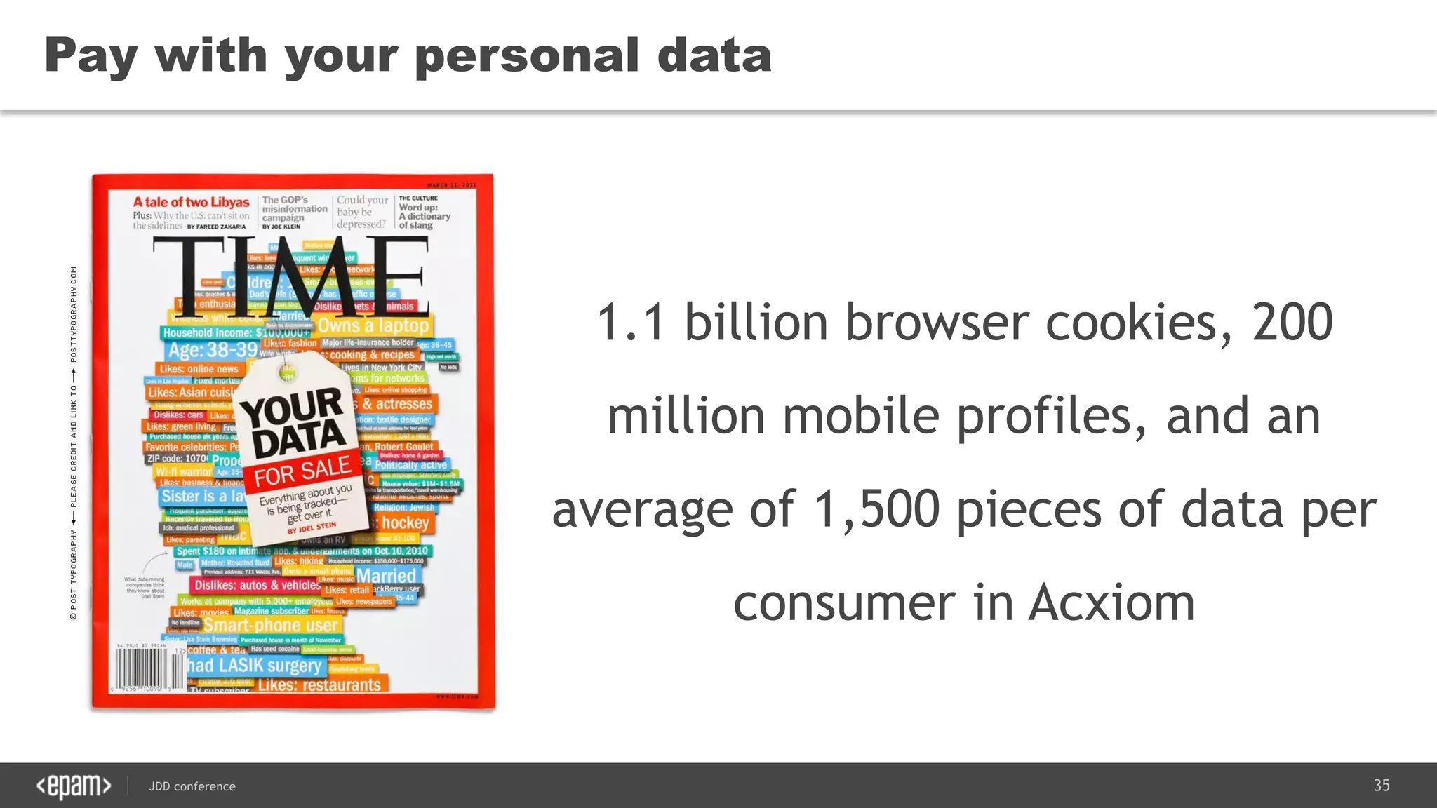 35JDD conference
Pay with your personal data
1.1 billion browser cookies, 200
million mobile profiles, and an
average of 1,500 pieces of data per
consumer in Acxiom
 