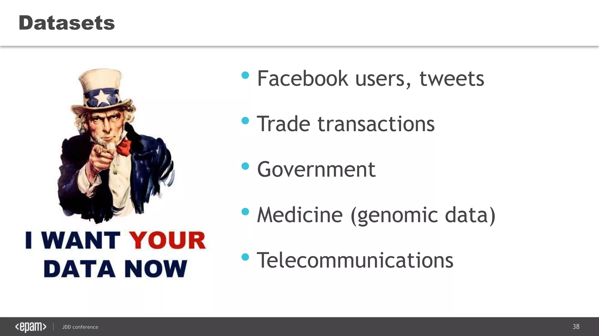38JDD conference
Datasets
• Facebook users, tweets
• Trade transactions
• Government
• Medicine (genomic data)
• Telecommunications
 