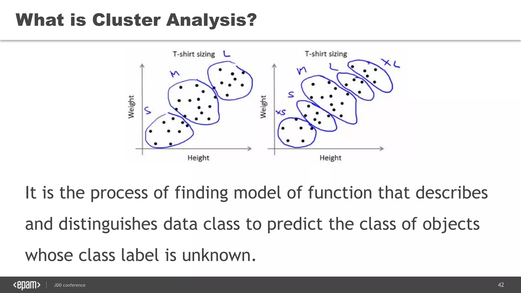 42JDD conference
What is Cluster Analysis?
It is the process of finding model of function that describes
and distinguishes data class to predict the class of objects
whose class label is unknown.
 