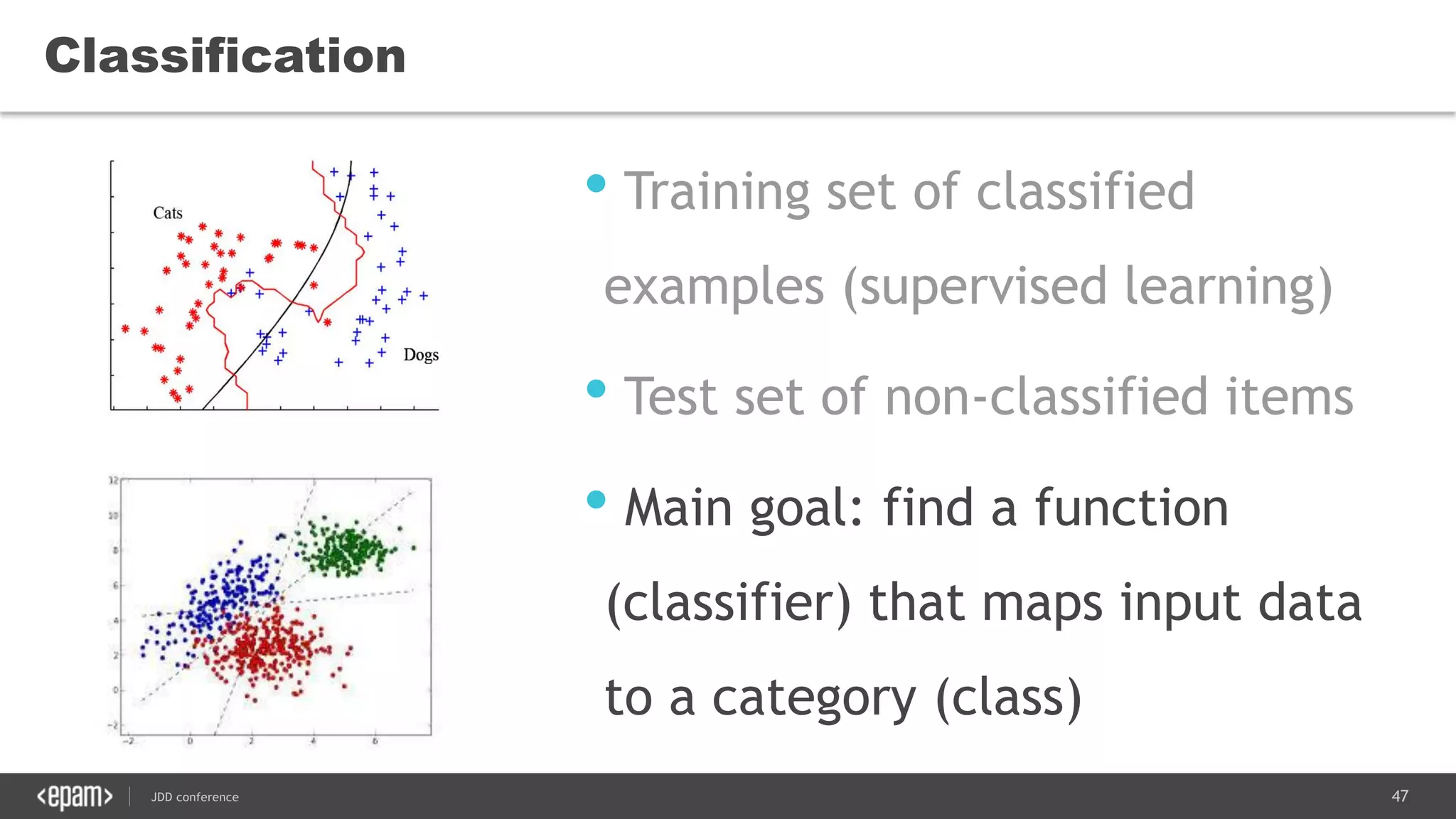 47JDD conference
• Training set of classified
examples (supervised learning)
• Test set of non-classified items
• Main goal: find a function
(classifier) that maps input data
to a category (class)
Classification
 
