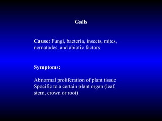 Galls Cause:  Fungi, bacteria, insects, mites, nematodes, and abiotic factors Symptoms: Abnormal proliferation of plant tissue Specific to a certain plant organ (leaf, stem, crown or root) 