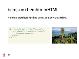 bemjson+bemhtml=HTML
20
<div class="b-gallery" id="fotorama">
<div class="b-fotorama__preloader">
Загрузка данных...
</div>
</div>
Наложением bemhtml на bemjson получаем HTML
 