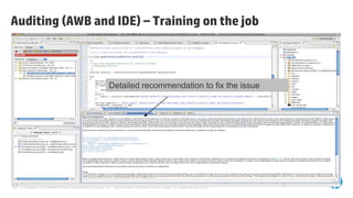 Auditing (AWB and IDE) – Training on the job



                                                                Detailed recommendation to fix the issue




20   © Copyright 2012 Hewlett-Packard Development Company, L.P. The information contained herein is subject to change without notice.
 