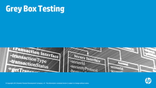 Grey Box Testing




© Copyright 2012 Hewlett-Packard Development Company, L.P. The information contained herein is subject to change without notice.
 