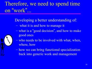 Therefore, we need to spend time
on “work”...
    Developing a better understanding of:
    – what it is and how to manage it
    – what is a “good decision”, and how to make
      good ones
    – who needs to be involved with what, when,
      where, how
    – how we can bring functional specialization
      back into generic work and management

                                                   10
 