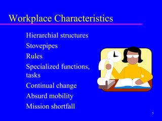 Workplace Characteristics
    Hierarchial structures
    Stovepipes
    Rules
    Specialized functions,
    tasks
    Continual change
    Absurd mobility
    Mission shortfall
                             5
 