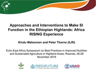 Approaches and Interventions to Make SI
Function in the Ethiopian Highlands: Africa
RISING Experience
Kindu Mekonnen and Peter Thorne (ILRI)
Echo East Africa Symposium on Best Practices in Improved Nutrition
and Sustainable Agriculture in Highland Areas, Rwanda, 26-28
November 2019
 