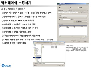 벡터레이어 수정하기
① [레이어] > [레이어 생성] > [새 Shape 파일 레이어…] 선택
② [새 벡터 레이어] 창에서 [유형]을 “다각형”으로 설정
③ [좌표계 지정]은 “EPSG:2097”로 지정
④ [새 속성] > [이름]은 “Name”으로 지정
⑤ [새 속성] > [유형]은 “텍스트 데이터“ 선택
⑥ [새 속성] > [폭]은 “80“으로 지정
⑦ “속성 목록에 추가“ 버튼 클릭하여 속성 추가
⑧ “확인” 버튼을 클릭하여 “새 이름으로 레이어 저장…” 창 열기
⑨ 파일이름 넣고, “확인” 클릭
 신규 벡터레이어 생성하기
EPSG : 2097
+proj=tmerc +lat_0=38 +lon_0=127
+k=1 +x_0=200000 +y_0=500000
+ellps=bessel +units=m +no_defs
 