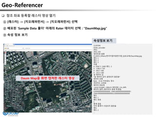 Geo-Referencer
드라이버
GDAL provider
JPEG
JPEG JFIF
데이터셋 설명
D:/2015_Others/한국지질자원연구원_QGIS교육/DaumMap.jpg
밴드 1
밴드 2
밴드 3
차원
X: 2564 Y: 1440 밴드: 3
X : 1282,Y 720
X : 641,Y 360
X : 321,Y 180
널 데이터 값
*널 데이터 값이 설정되지 않았음*
데이터 유형
Byte - 8 bit 부호없는 정수
피라미드 오버뷰
레이어 좌표계
+proj=longlat +datum=WGS84 +no_defs
레이어 범위 (레이어의 원래 투영법)
0.0000000000000000,-1440.0000000000000000 :
2564.0000000000000000,0.0000000000000000
밴드
밴드 1
밴드 번호
1
통계 없음
아직 통계가 수집되지 않았음
밴드
밴드 2
…
① [래스터] -> [지오레퍼런서] -> [지오레퍼런서] 선택
② 배포된 ‘Sample Data 폴더’ 아래의 Rater 데이터 선택 : “DaumMap.jpg”
③ 속성 정보 보기
 참조 좌표 등록할 래스터 영상 열기
속성정보 보기
Daum Map을 화면 캡쳐한 래스터 영상
 