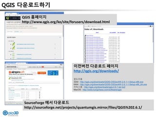 QGIS 다운로드하기
이전버전 다운로드 페이지
http://qgis.org/downloads/
윈도우용
32bit : http://qgis.org/downloads/QGIS-OSGeo4W-2.6.1-1-Setup-x86.exe
64bit : http://qgis.org/downloads/QGIS-OSGeo4W-2.6.1-1-Setup-x86_64.exe
리눅스용 : http://qgis.org/downloads/qgis-2.6.1.tar.bz2
MacOS : http://www.kyngchaos.com/software/qgis
SourceForge 에서 다운로드
http://sourceforge.net/projects/quantumgis.mirror/files/QGIS%202.6.1/
QGIS 홈페이지
http://www.qgis.org/ko/site/forusers/download.html
 