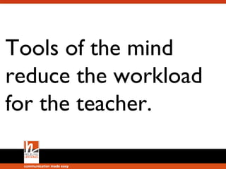 Cognitive tools - what for?

• Cognitive tools are to the mind what physical
•
•
•

tools are to the body.
Cognitive tools enable us to make plans, work
in teams, and solve complex problems.
Cognitive tools enable us to control our
feelings and our behaviour.
Cognitive tools dramatically improve our
memory skills.

 