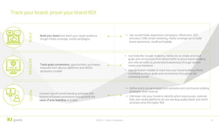 16
Build your brand and reach your target audience
trough media coverage, social campaigns..
BUILD
• Use tools like Google Analytics, Adobe etc to create and track
goals and conversions from direct traffic to prove brand recalling
and referral traffic to prove brand awareness through earned
media and mentions
• Use attribution models to track how your brand building efforts
contribute to these goals and conversions throughout the
marketing funnel
• Define which social engagement activities and community building
strategies drive revenue
• Drill down into your funnel to identify which brand posts, external
links and media platforms etc are sending quality leads and which
activities drive the higher ROI
Track your brand: prove your brand ROI
©2019 – Darts in darkness
Track goals conversions, opportunities, purchases,
revenues from all your platforms and define
attribution models
MEASURE
Connect top-of-funnel branding activities with
bottom-of-funnel conversions and quantify the
value of your branding activities
LEARN
• Use social media awareness campaigns, influencers, SEO
activities, CRM, email marketing, media coverage etc to build
brand awareness, recall and loylatly
 