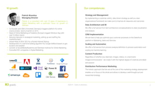 • Co-founder and CMO of kinoheld, Germany‘s biggest platform for online
cinema tickets. Sold to Eventim in 2015
• Head of Online Marketing at Freeletics (Europe's biggest Workout App with
over 9 million Users)
• Advising Saloodo! In strategical marketing, setting up and staffing the
marketing team
• Global Head of SEA/ SEO for a Rocket Internet Startup
• Development of a real-time bidding algorithm for Google AdWord based on geo
location and weather
• Lecturer at SocialMediaAkademie and Steinbeis Institute for Online Marketing
• Consulted 30+ companies in Digital Marketing
2©2019 – Darts in darkness
Our competences:
Strategy and Management
By implementing a customer centric, data driven strategy as well as a lean
organizational framework we make sure to improve all measures and outcomes
Data Architecture and BI
We offer a full service from tech architecture conceptualization to data visualization
and analysis
CRM Implementation
We are here to help you optimize your customer processes on the Salesforce
platform in Marketing, Sales and Services
Scaling and Automation
We offer a full service from process analysis/definition to process automation and
scaling via machine learning
Content Production
Regardless of whether you need text, images, videos, or a new brand
image/communication - we create it with the highest degree of creativity and detail
and passion
Distribution Performance Marketing
The holistic approach that we use at the core of the marketing strategy development
enables us to focus on the whole and allows to develop a well-thought-out and
researched strategy
KI growth
Patrick Wosnitza
Managing Director
Patrick is a consultant with over 10 years of experience in
Digital Marketing with a particular focus on growth of
startups.
 