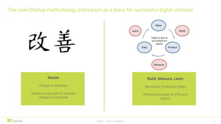 The Lean Startup methodology and Kaizen as a basis for successful digital ventures
9©2019 – Darts in darkness
Kaizen
Change to the better
Kaizen as a priciple of constant
change of processes
Build, Measure, Learn
Neccessity of iterative cycles
Planning focusses on KPIs and
basics
 