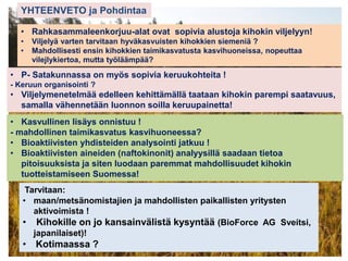 YHTEENVETO ja Pohdintaa
Tarvitaan:
• maan/metsänomistajien ja mahdollisten paikallisten yritysten
aktivoimista !
• Kihokille on jo kansainvälistä kysyntää (BioForce AG Sveítsi,
japanilaiset)!
• Kotimaassa ?
• Kasvullinen lisäys onnistuu !
- mahdollinen taimikasvatus kasvihuoneessa?
• Bioaktiivisten yhdisteiden analysointi jatkuu !
• Bioaktiivisten aineiden (naftokinonit) analyysillä saadaan tietoa
pitoisuuksista ja siten luodaan paremmat mahdollisuudet kihokin
tuotteistamiseen Suomessa!
• Rahkasammaleenkorjuu-alat ovat sopivia alustoja kihokin viljelyyn!
• Viljelyä varten tarvitaan hyväkasvuisten kihokkien siemeniä ?
• Mahdollisesti ensin kihokkien taimikasvatusta kasvihuoneissa, nopeuttaa
vilejlykiertoa, mutta työläämpää?
• P- Satakunnassa on myös sopivia keruukohteita !
- Keruun organisointi ?
• Viljelymenetelmää edelleen kehittämällä taataan kihokin parempi saatavuus,
samalla vähennetään luonnon soilla keruupainetta!
 